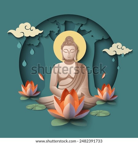 Buddha Siddhartha Shakyamuni meditating. Serene background with Lotus. 3D paper cut concept. Vector illustration.