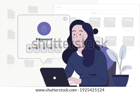 A woman holds a laptop. Data protection website concept. Online security concept. Laptop protected with shield and lock, personal password enter, gears, and key. 