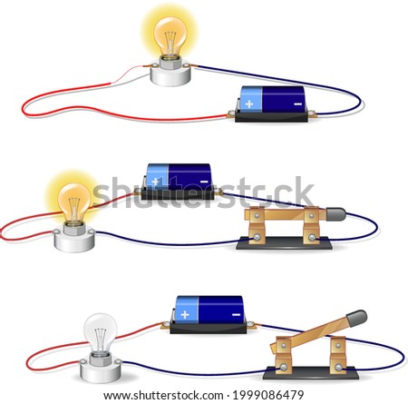 basic electric circuit experiment, an electric circuit with battery lightbulb, open circuit, and close circuit concept