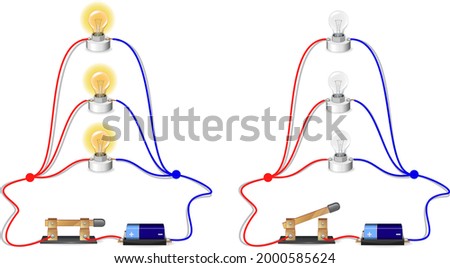 Parallel circuit, basic electric circuits experiment, flat design illustration, Kirchhoff voltage law, Kirchhoff current law, simple electric circuit, on-off circuit