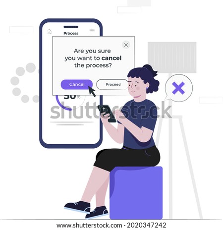 process cancel concept flat design illustration, girl cancel the process, girl holding mobile, stop the process, stop installation, alert, notification, 