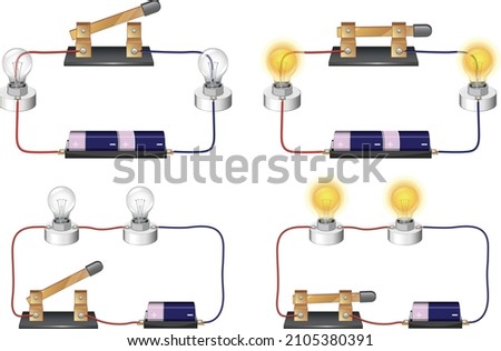 series circuit, basic electric circuits experiment, flat design illustration, Kirchhoff voltage law, Kirchhoff current law, simple electric circuit, on-off circuit