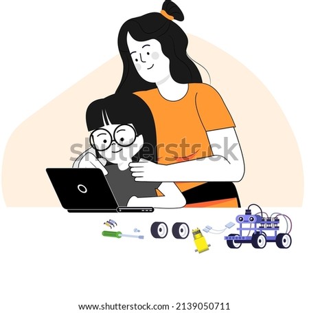 Happy mother with her kid, Kid with laptop online coding courses, robotics, mother happy with kid learning of robotics, robotics ai, iot , coding courses, stem education, maker space, tinkering lab