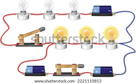 parallel circuit, basic electric circuits experiment, flat design illustration, Kirchhoff voltage law, Kirchhoff current law, simple electric circuit, on-off circuit