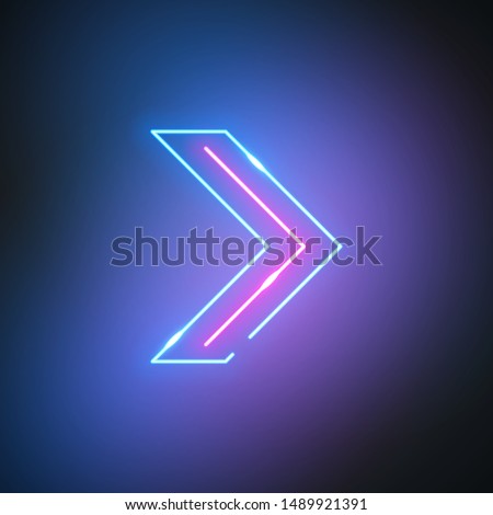 Neon arrow. Glowing pointer sign on black background. Colorful and bright retro light symbol. Vector design element.
