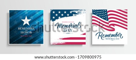 US Memorial Day greeting cards set with United States national flag, hand drawn lettering and silver star. Remember and honor. USA national holiday vector illustration.