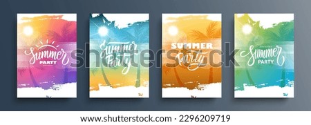 Summer Party Set. Summertime backgrounds with palm trees, summer sun, brush strokes and hand lettering. Vector illustration.