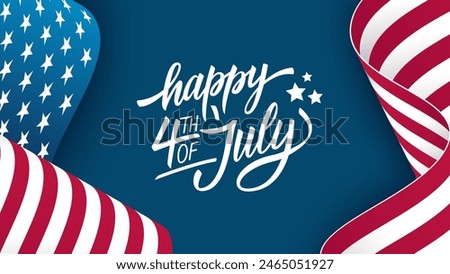 Happy 4th of July. United States Independence Day celebration banner with hand lettering and waving American national flag on blue background. Vector illustration.