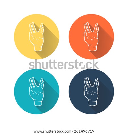 Human hand showing symbol of Vulcan salute with long shadow on color background.
