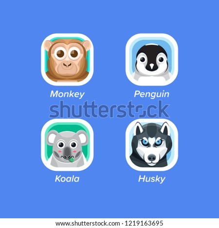 Modern cute animal heads logo set monkey penguin koala husky dog vector isolated