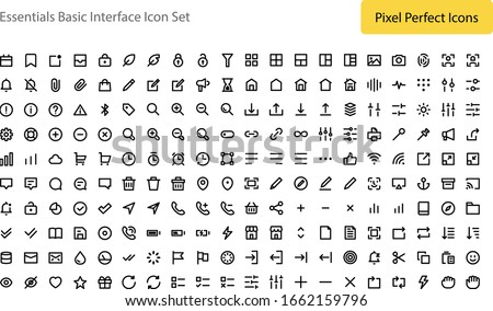 Pixel perfect essentials basic general user interface icon set vector isolated with line style and black color