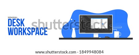 Workplace with computer. Flat modern vector illustration for web. Office desk or table with computer. Business workspace or interior. Creative office space vector with display on the table.