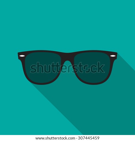 Sunglasses icon with long shadow. Flat design style. Sunglasses silhouette. Simple icon. Modern flat icon in stylish colors. Web site page and mobile app design element.