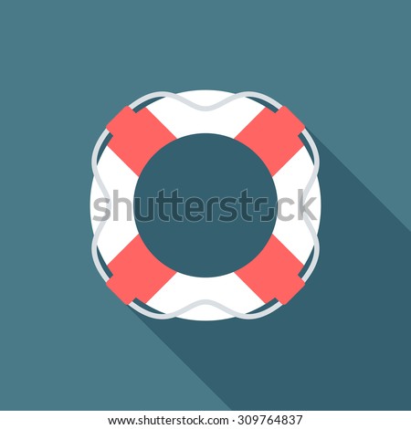 Lifebuoy icon with long shadow. Flat design style. Lifebuoy silhouette. Simple icon. Modern flat icon in stylish colors. Web site page and mobile app design element.
