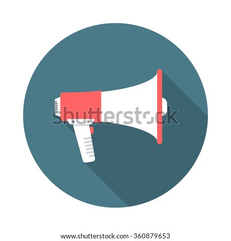 Megaphone circle icon with long shadow. Flat design style. Megaphone simple silhouette. Modern, minimalist, round icon in stylish colors. Web site page and mobile app design vector element.
