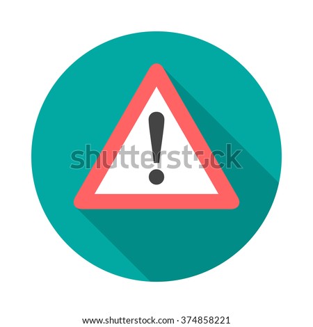 Attention sign icon with long shadow. Simple circle icon. Flat design style. Round icon. Modern flat icon in stylish colors. Web site page and mobile app design element.