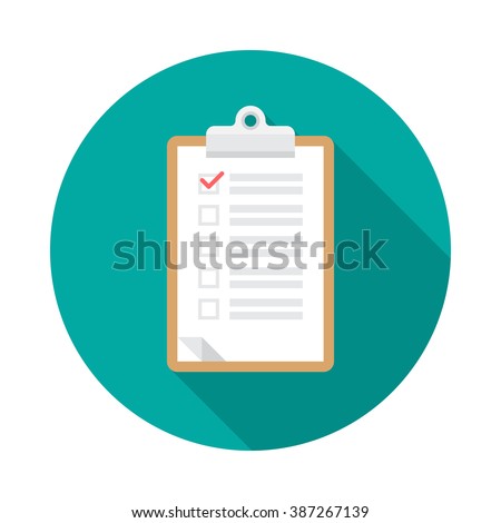 Clipboard icon with long shadow. Flat design style. Round icon. Checklist clipboard silhouette. Simple circle icon. Modern flat icon in stylish colors. Web site page and mobile app design element.