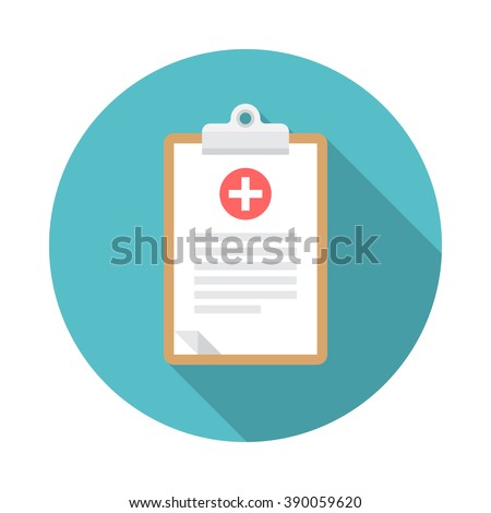 Medical clipboard icon with long shadow. Flat design style. Round icon. Clipboard silhouette. Simple circle icon. Modern flat icon in stylish colors. Web site page and mobile app design element.