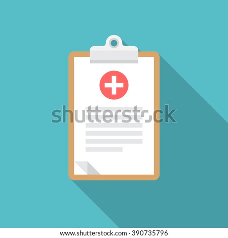 Medical clipboard icon with long shadow. Flat design style. Clipboard silhouette. Simple icon. Modern flat icon in stylish colors. Web site page and mobile app design element.