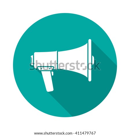 Megaphone icon with long shadow. Flat design style. Round icon. Megaphone silhouette. Simple circle icon. Modern flat icon in stylish colors. Web site page and mobile app design vector element.