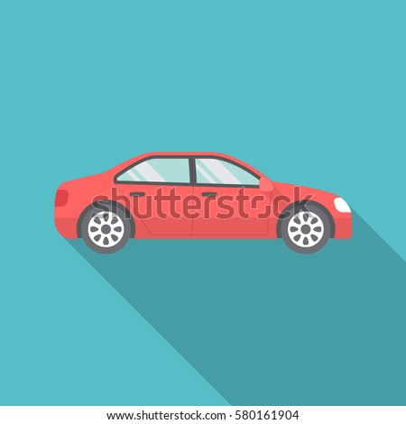 Car icon with long shadow. Flat design style. Car simple silhouette. Modern, minimalist icon in stylish colors. Web site page and mobile app design vector element.