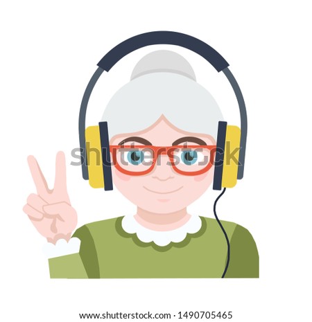 Grandma listens to music. Advanced user flat icon Foto stock © 