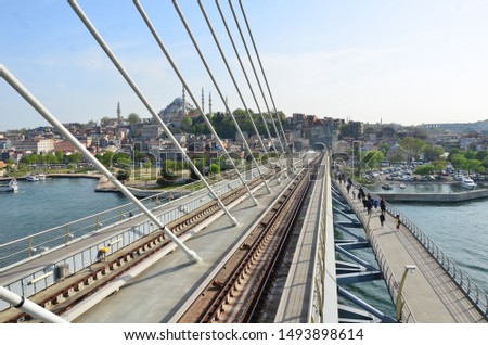 View of Istanbul from the bridge over the sea. Above sea with train. Stok fotoğraf © 