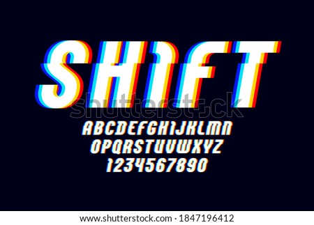 Alphabet of distorted glitch effect. Shifted modern white font, italic latin letters from A to Z and numbers from 0 to 9 with effect sliced.