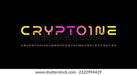 Digital font, cyber alphabet made space future design, bright uppercase Latin letters A-Z and Arab numerals 0-9 made rounded style, vector illustration 10EPS