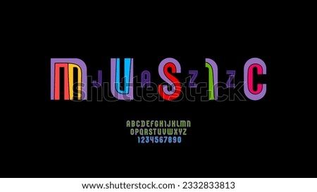 Playful font, trendy colorful alphabet, letters (A, B, C, D, E, F, G, H, I, J, K, L, M, N, O, P, Q, R, S, T, U, V, W, X, Y, Z and numerals (0, 1, 2, 3, 4, 5, 6, 7, 8, 9), vector illustration 10eps