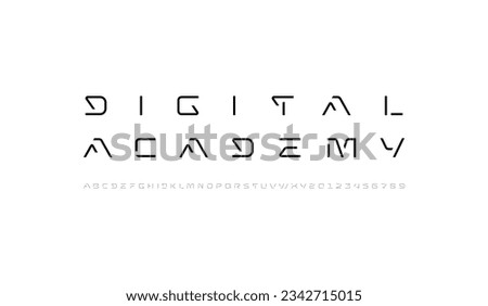 Tech font, digital alphabet, thin Latin letters A, B, C, D, E, F, G, H, I, J, K, L, M, N, O, P, Q, R, S, T, U, V, W, X, Y, Z and Arab numerals 0, 1, 2, 3, 4, 5, 6, 7, 8, 9 made in design cyber future