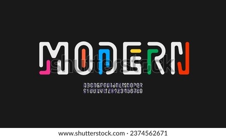 Playful font art alphabet from multi-colored lines, game style letters A, B, C, D, E, F, G, H, I, J, K, L, M, N, O, P, Q, R, S, T, U, V, W, X, Y, Z and numerals 0, 1, 2, 3, 4, 5, 6, 7, 8, 9, vector il