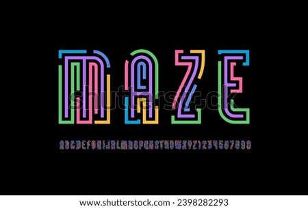 Maze font from gap line, alphabet with bright labyrinth, multi-colored lines cut letters and numbers, vector illustrator 10 eps