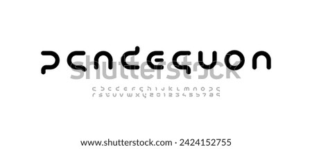 Technology rounded font, digital cyber alphabet made futurism style, letters A, B, C, D, E, F, G, H, I, J, K, L, M, N, O, P, Q, R, S, T, U, V, W, X, Y, Z and numerals 0, 1, 2, 3, 4, 5, 6, 7, 8, 9