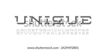 Technology font, slab serif alphabet, cut letters A, B, C, D, E, F, G, H, I, J, K, L, M, N, O, P, Q, R, S, T, U, V, W, X, Y, Z and numbers 0, 1, 2, 3, 4, 5, 6, 7, 8, 9 striped style