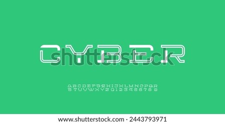 Technology cut stencil font, digital cyber alphabet, striped letters A, B, C, D, E, F, G, H, I, J, K, L, M, N, O, P, Q, R, S, T, U, V, W, X, Y, Z and numbers 0, 1, 2, 3, 4, 5, 6, 7, 8, 9, vector illus