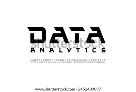 Tech bold font, digital cyber thick alphabet, hard letters A, B, C, D, E, F, G, H, I, J, K, L, M, N, O, P, Q, R, S, T, U, V, W, X, Y, Z and numerals 0, 1, 2, 3, 4, 5, 6, 7, 8, 9, vector illustration 1