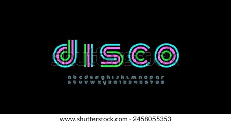 Modern stylized striped font, minimalistic trendy alphabet made disco style, graphic bright letters and numerals, vector illustration 10EPS