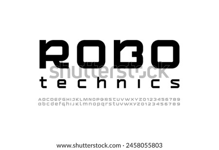 Technical future font, digital cyber alphabet, lowercase and uppercase letters A, B, C, D, E, F, G, H, I, J, K, L, M, N, O, P, Q, R, S, T, U, V, W, X, Y, Z and numbers 0, 1, 2, 3, 4, 5, 6, 7, 8, 9