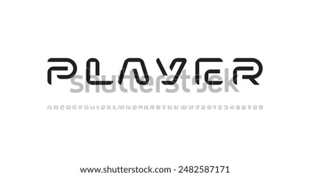 Modern font alphabet from segment line, technology letters A, B, C, D, E, F, G, H, I, J, K, L, M, N, O, P, Q, R, S, T, U, V, W, X, Y, Z and numerals 0, 1, 2, 3, 4, 5, 6, 7, 8, 9, vector illustration 1