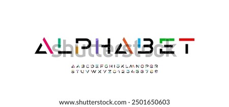 Technology font, digital cyber alphabet made multi-colored style, letters A, B, C, D, E, F, G, H, I, J, K, L, M, N, O, P, Q, R, S, T, U, V, W, X, Y, Z and numerals 0, 1, 2, 3, 4, 5, 6, 7, 8, 9