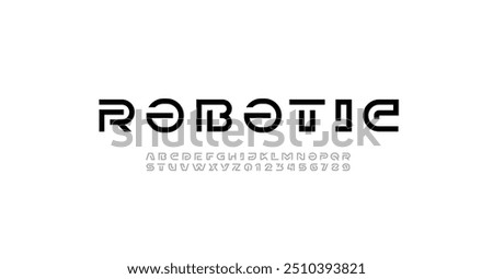 Modern font digital cyber alphabet made segment line, trendy letters A, B, C, D, E, F, G, H, I, J, K, L, M, N, O, P, Q, R, S, T, U, V, W, X, Y, Z and numerals 0, 1, 2, 3, 4, 5, 6, 7, 8, 9