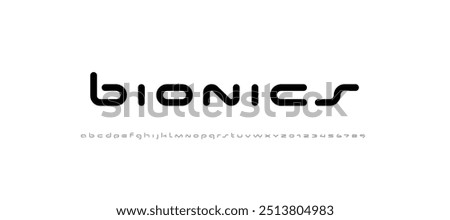 Technical wide future font, digital cyber alphabet, trendy original letters A, B, C, D, E, F, G, H, I, J, K, L, M, N, O, P, Q, R, S, T, U, V, W, X, Y, Z and numerals 0, 1, 2, 3, 4, 5, 6, 7, 8, 9, vect