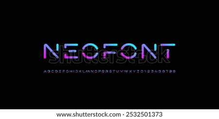 Technology font, digital cyber alphabet made future space style, neon bright letters A, B, C, D, E, F, G, H, I, J, K, L, M, N, O, P, Q, R, S, T, U, V, W, X, Y, Z and numerals 0, 1, 2, 3, 4, 5, 6, 7, 8