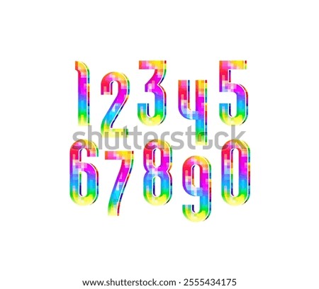 Pixel font of colored mosaic, trendy bright modern vibrant colorful numbers 0, 1, 2, 3, 4, 5, 6, 7, 8, 9 for your logo, vector illustration 10eps.