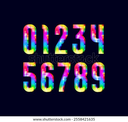 Mosaic font of colored pixel, trendy bright modern vibrant colorful numbers 0, 1, 2, 3, 4, 5, 6, 7, 8, 9, vector illustration 10eps.