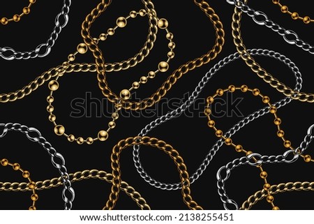 Seamless pattern with various shiny realistic metal chains in mess on black background. Golden, silver, black steel colors. Vector illustration for print, fabric, textile.