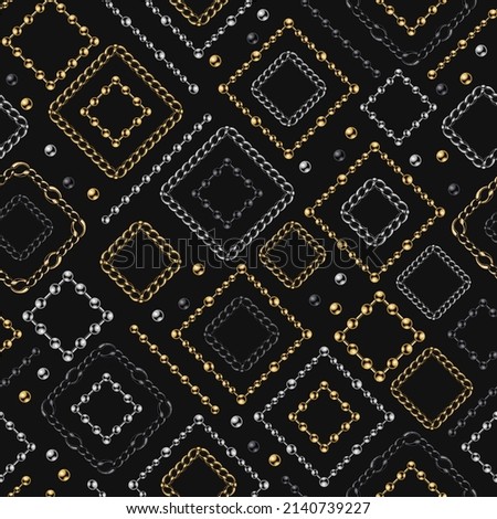 Seamless background with rhombus, squares from various metal realistic chains on black background. Golden, silver, black steel colors. Vector illustration for print, fabric, textile.