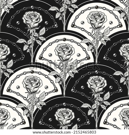 Seamless pattern with diagonal shell shaped grid, outline roses, chains, beads. Shades of gray. Classic monochrome background. Vector