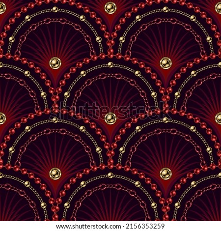 Seamless red pattern with fan shaped grid, gold chains, ball beads, thin color rays inside of grid cell. Classic luxury background.